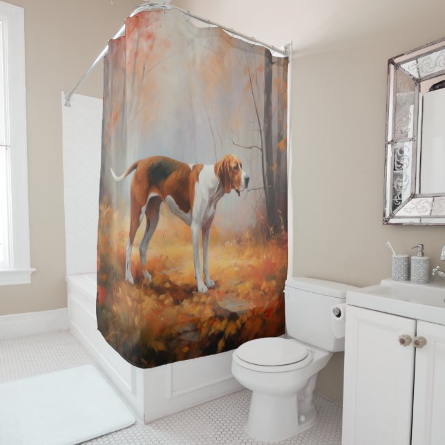 Treeing Walker Coonhound in Autumn Leaves Fall  Shower Curtain (In Situ)