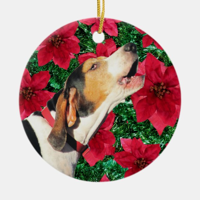 Treeing Walker Coonhound Poinsettias Ceramic Tree Decoration (Front)