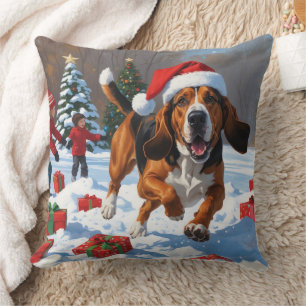 Treeing Walker Coonhound Snow with Christmas Hat Cushion