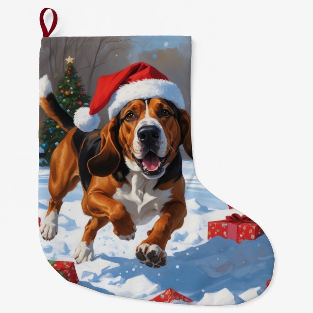 Treeing Walker Coonhound Snow with Christmas Hat Large Christmas Stocking (Front)