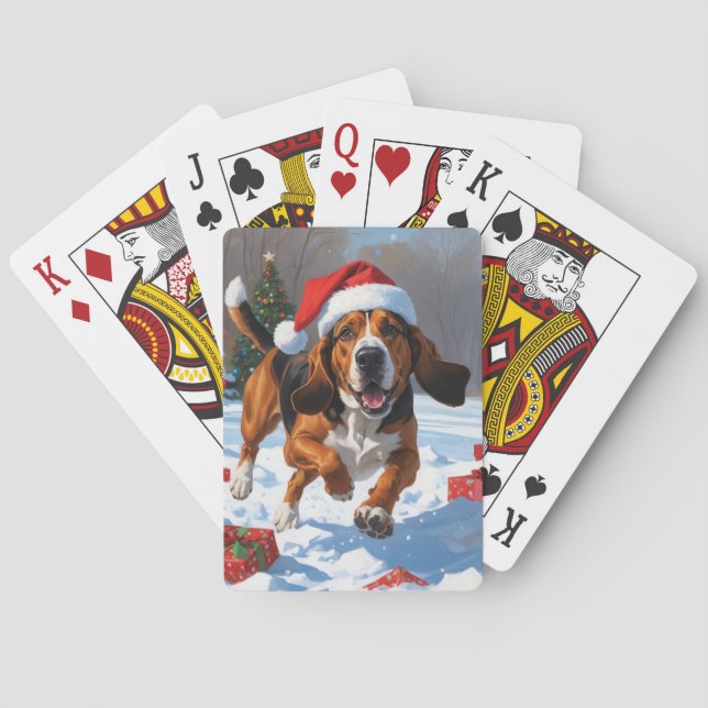 Treeing Walker Coonhound Snow with Christmas Hat Playing Cards (Back)