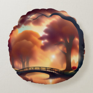 Trees and Bridge Artistic Fall Round Cushion