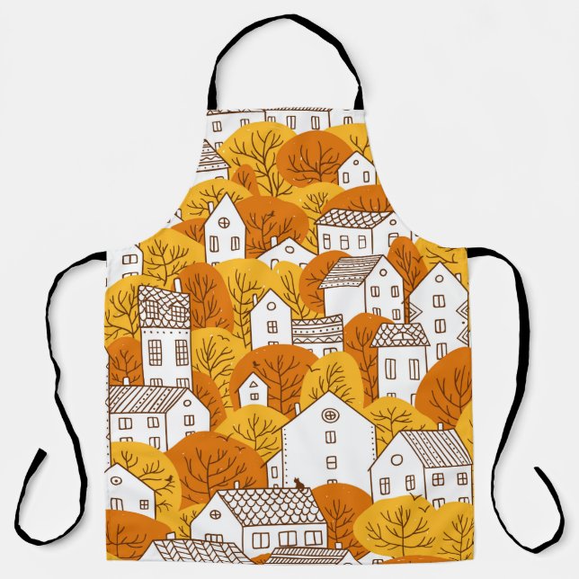 Trees and houses seamless pattern. Autumn, fall ci Apron (Front)
