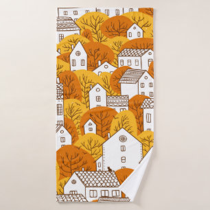 Trees and houses seamless pattern. Autumn, fall ci Bath Towel