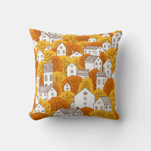 Trees and houses seamless pattern. Autumn, fall ci Cushion