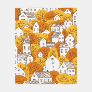 Trees and houses seamless pattern. Autumn, fall ci Fleece Blanket