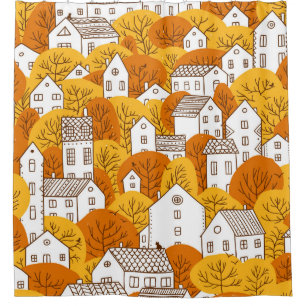 Trees and houses seamless pattern. Autumn, fall ci Shower Curtain
