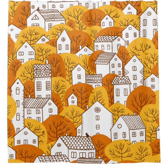 Trees and houses seamless pattern. Autumn, fall ci Shower Curtain (Front)