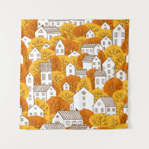 Trees and houses seamless pattern. Autumn, fall ci Tapestry