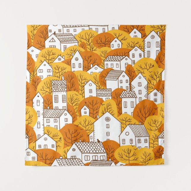 Trees and houses seamless pattern. Autumn, fall ci Tapestry (Front)