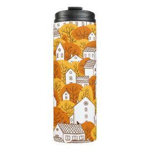 Trees and houses seamless pattern. Autumn, fall ci Thermal Tumbler