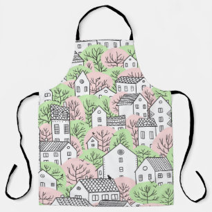 Trees and houses seamless pattern. Spring and summ Apron
