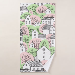 Trees and houses seamless pattern. Spring and summ Bath Towel