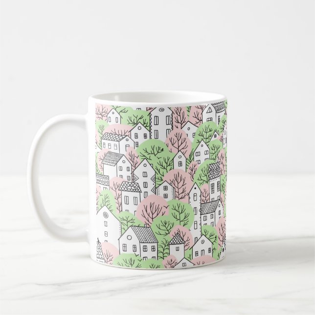 Trees and houses seamless pattern. Spring and summ Coffee Mug (Left)