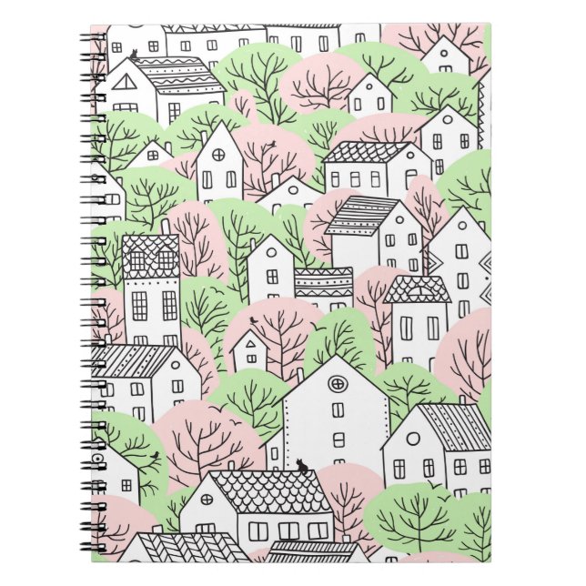 Trees and houses seamless pattern. Spring and summ Notebook (Front)