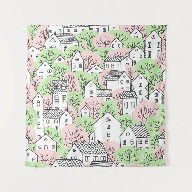 Trees and houses seamless pattern. Spring and summ Tapestry (Front)