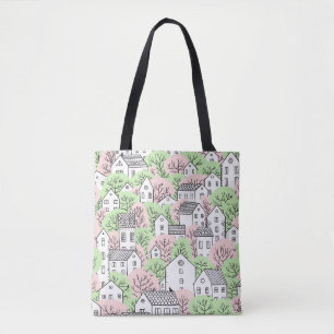 Trees and houses seamless pattern. Spring and summ Tote Bag