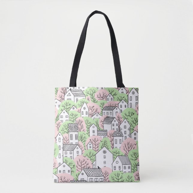 Trees and houses seamless pattern. Spring and summ Tote Bag (Front)