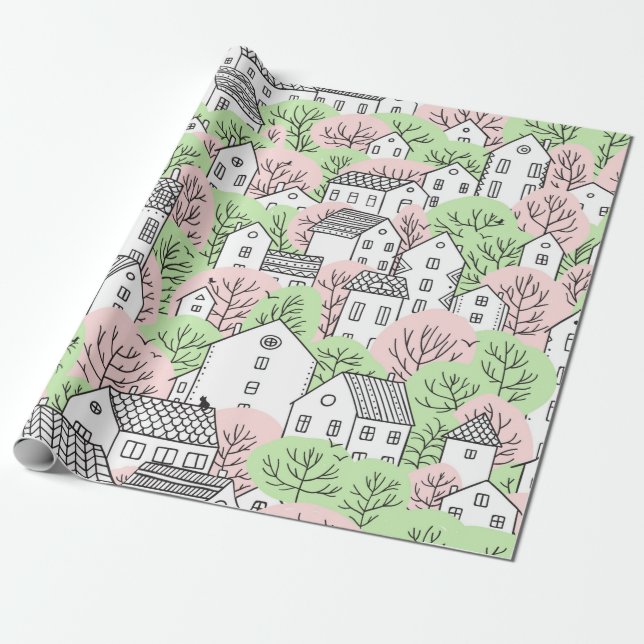 Trees and houses seamless pattern. Spring and summ Wrapping Paper (Unrolled)
