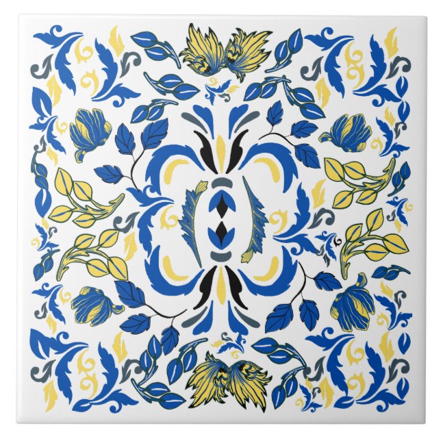 Trees and leaves William Morris blue white yellow Ceramic Tile (Front)