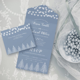 Trees and lights dusty blue winter wedding all in one invitation
