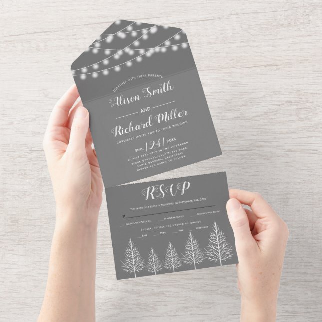 Trees and lights grey winter wedding all in one invitation (Tearaway)