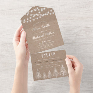 Trees and lights kraft paper rustic winter wedding all in one invitation