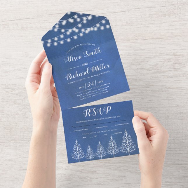 Trees and lights stained blue winter wedding all i all in one invitation (Tearaway)