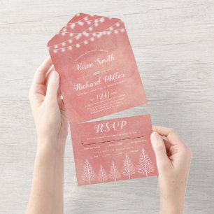 Trees and lights stained pink-peach winter wedding all in one invitation