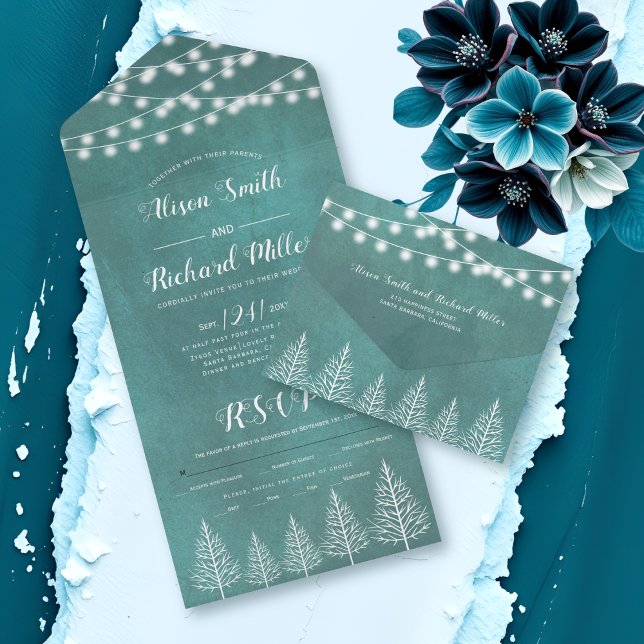 Trees and lights stained teal blue winter wedding all in one invitation (Creator Uploaded)