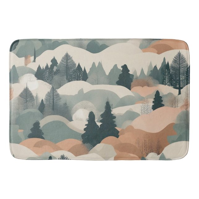 Trees and Mountains Boho Abstract Design Bath Mat (Front)