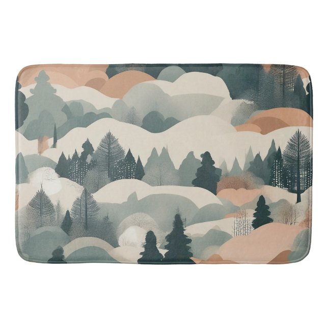 Trees and Mountains Boho Abstract Design Bath Mat (Front)