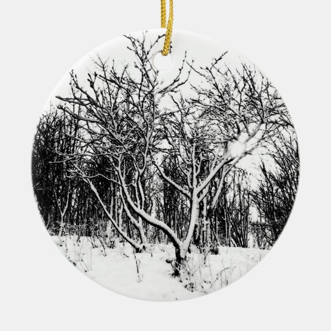 Trees and Snow Scene, Black and White Ceramic Tree Decoration (Front)