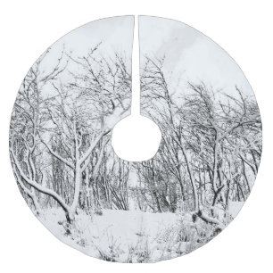 Trees and Snow Winter Scene, Black and White Brushed Polyester Tree Skirt
