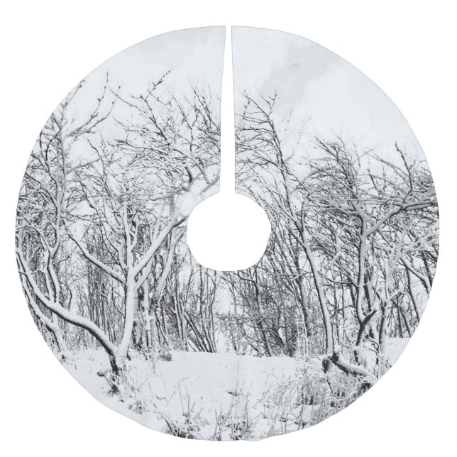 Trees and Snow Winter Scene, Black and White Brushed Polyester Tree Skirt (Front)