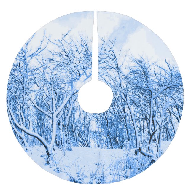 Trees and Snow Winter Scene, Cobalt Blue Brushed Polyester Tree Skirt (Front)
