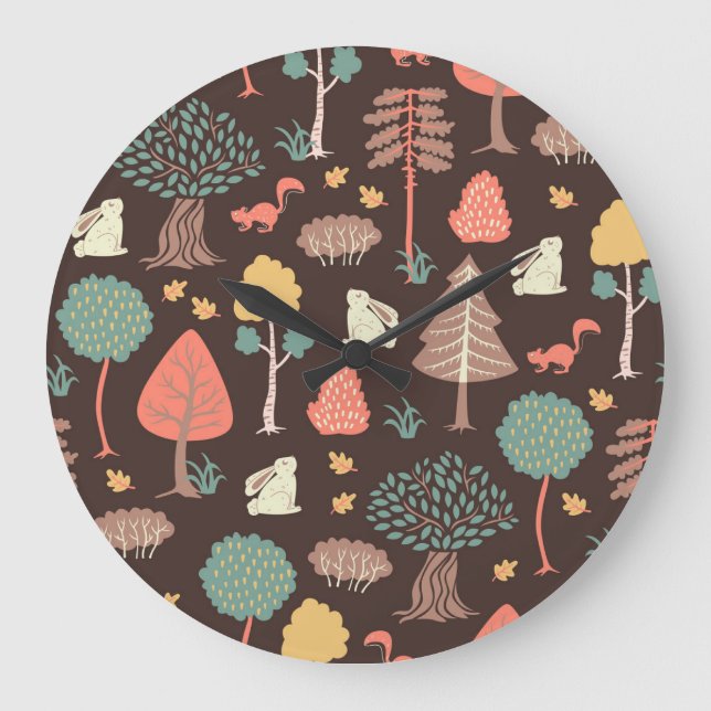 Trees Animals: Hand-Drawn Nature Scene. Large Clock (Front)