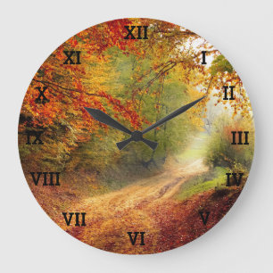 Trees Autumn Fall Leaves Orange Forest  Large Clock