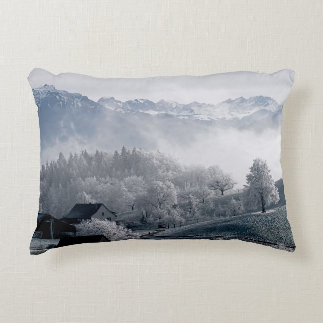 TREES BESIDE SNOW CAPPED MOUNTAIN DURING DAYTIME DECORATIVE CUSHION (Front)
