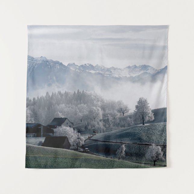 TREES BESIDE SNOW CAPPED MOUNTAIN DURING DAYTIME TAPESTRY (Front)