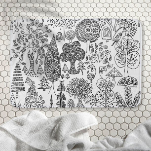 Trees Black and White Hand Drawn Modern Art Bath Mat