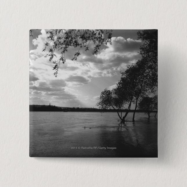 Trees by lake B&W 15 Cm Square Badge (Front)