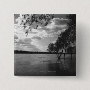 Trees by lake B&W 15 Cm Square Badge