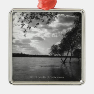 Trees by lake B&W Metal Ornament