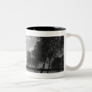 Trees by lake B&W Two-Tone Coffee Mug