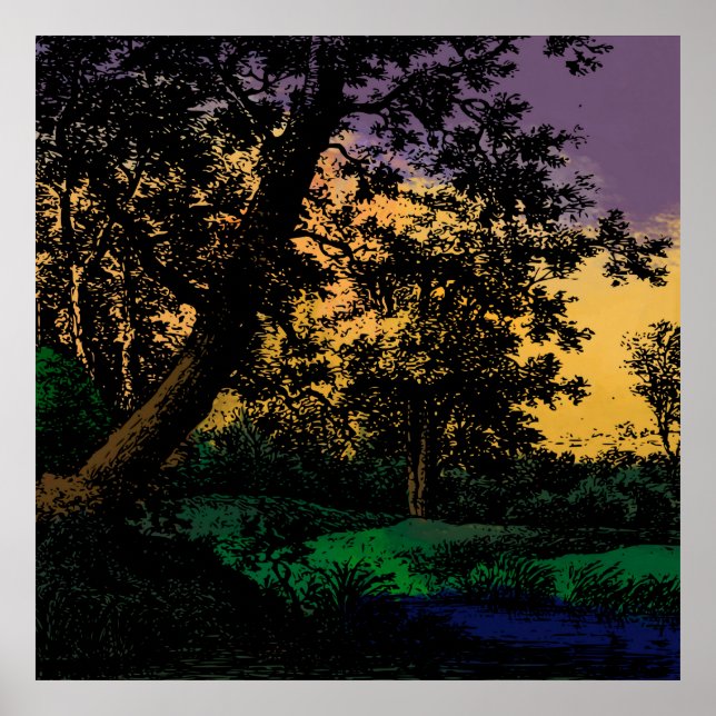 Trees by Pond at Sunset Poster (Front)