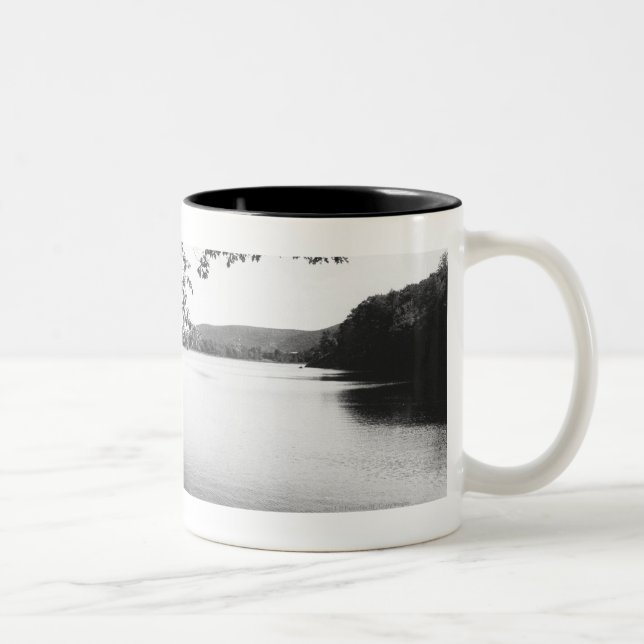 Trees by river B&W Two-Tone Coffee Mug (Right)