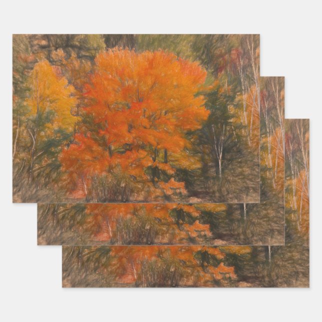 Trees Fall Woodland Forest Orange Sketch Art Wrapping Paper Sheet (Set)