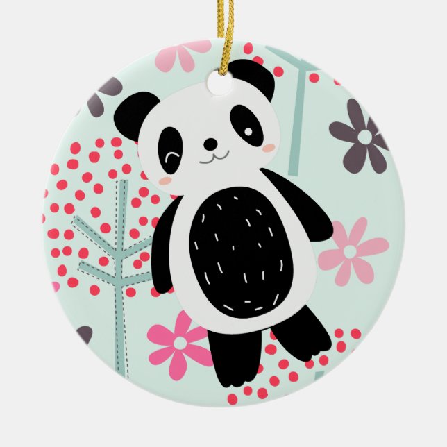 Trees, Flowers, and Panda Bears Ceramic Ornament (Front)
