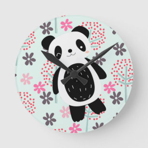Trees, Flowers, and Panda Bears Round Clock